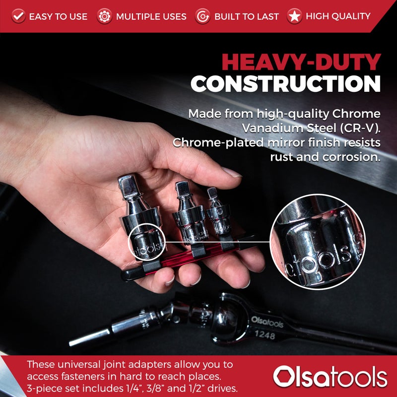 Olsa Tools مجموعة مفاصل عالمية من أولا للأدوات - 3 قطع 1/2"، 3/8" و 1/4" - مجموعة مفاتيح مفصلية دوارة مع سكة ألمنيوم - محولات مفاتيح كروية وزاوية - الجزء 1243 - Image 2